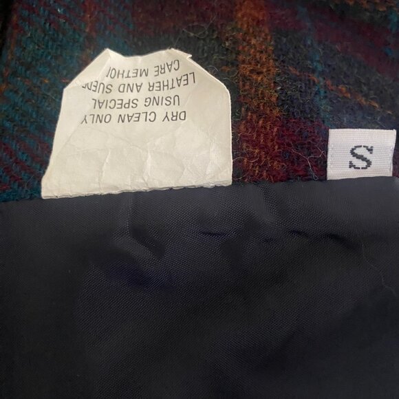 VTG 90s colorful plaid wool oversized blazer leather trim S academia old money - Picture 6 of 14